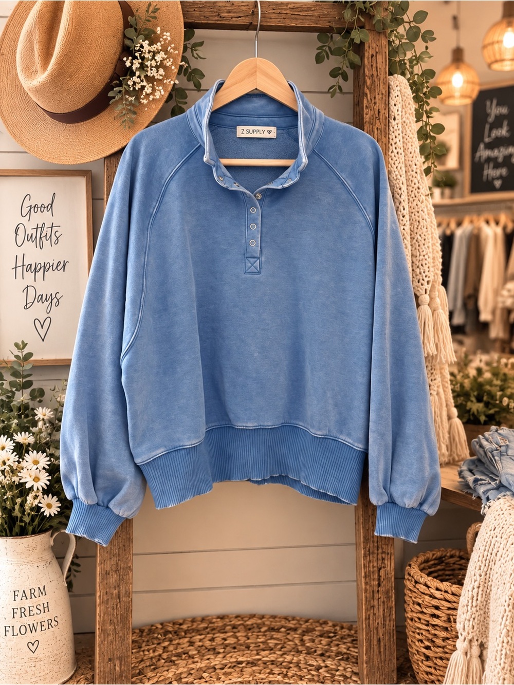 Zenana Outfitters Washed Blue Henley Pullover Sweatshirt